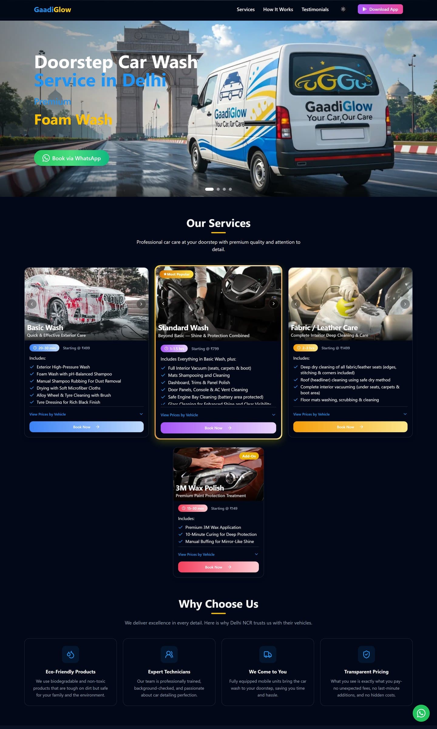GaadiGlow website — services and pricing